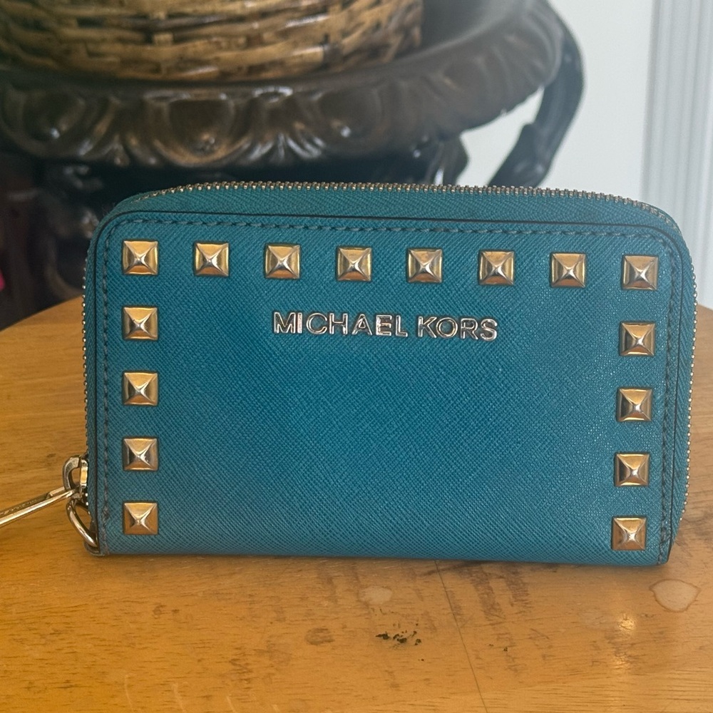 Michael Kors Blue Wallet with Gold Studs-EUC